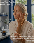 Woman applying moisturizer with text about skin resilience and natural glow