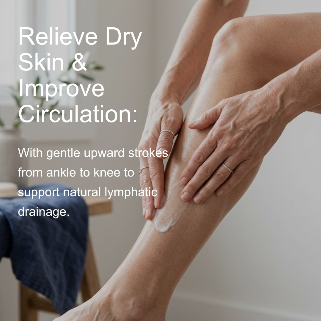 Woman applying lotion to their leg with text about relieving dry skin and improving circulation.
