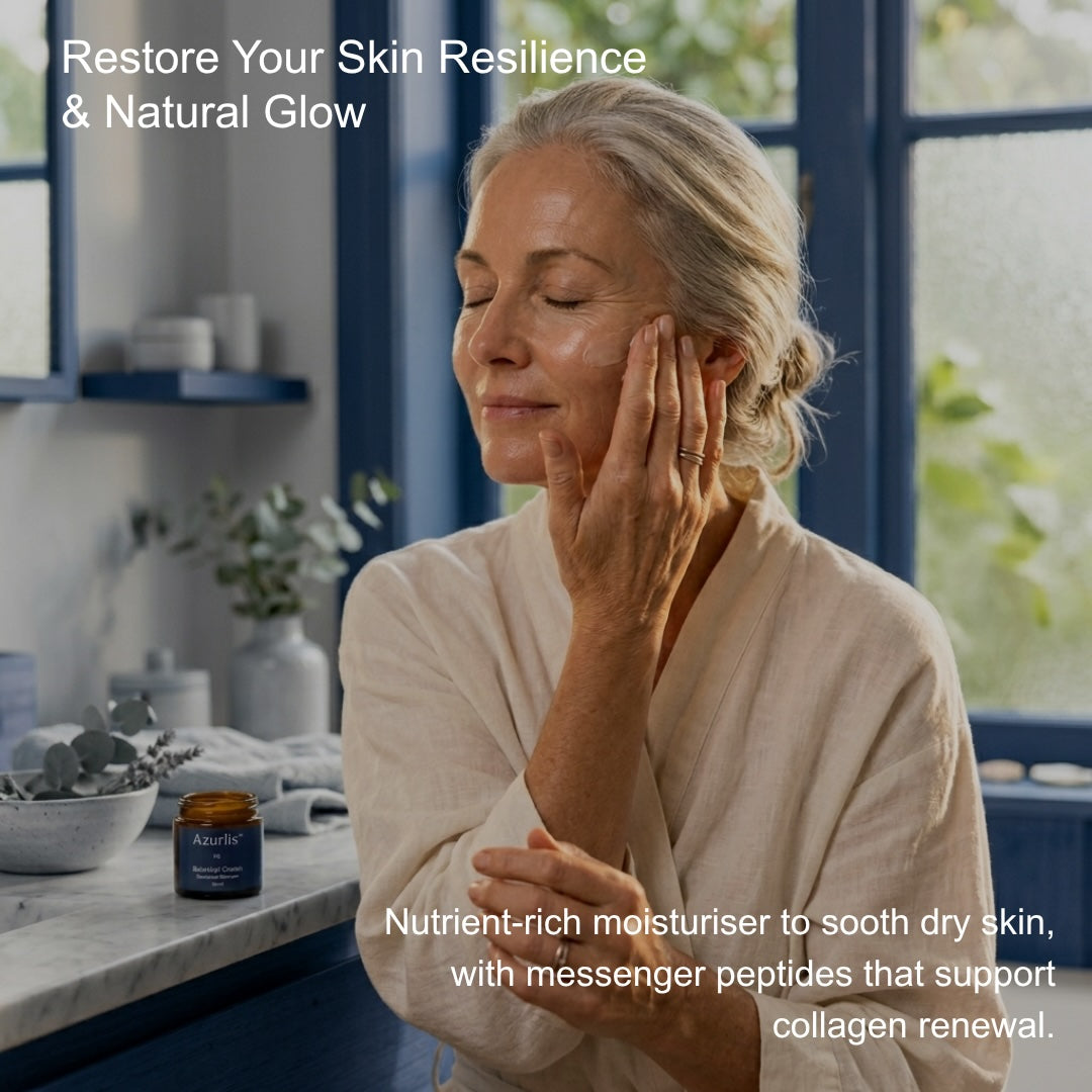Woman applying moisturizer with text about skin resilience and natural glow