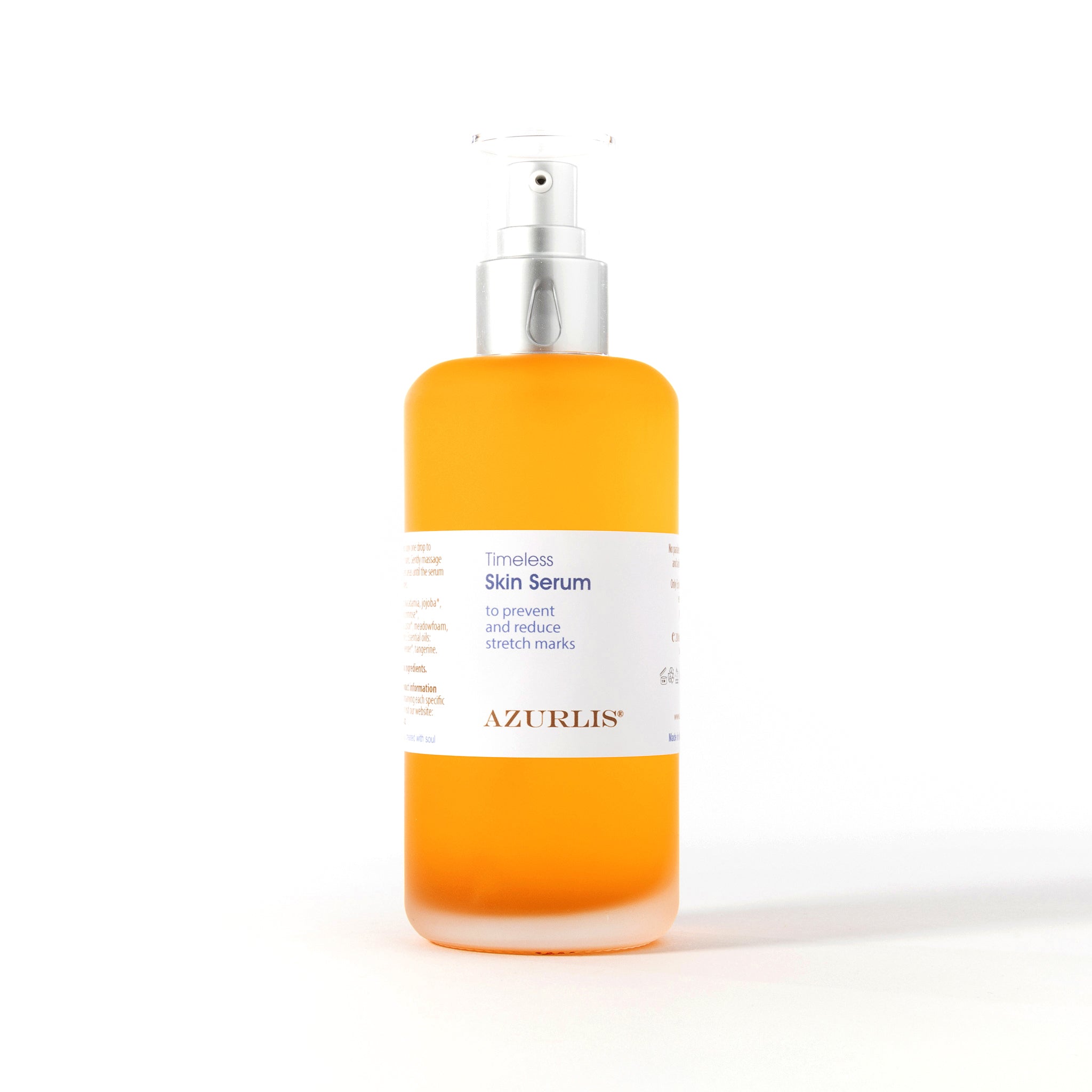 Azurlis™ Timeless Skin Serum 200ml is formulated to encourage deep cellular regeneration and skin restructuring.   With botanical oils including macadamia oil, organic jojoba oil, borage oil, organic evening primrose oil, organic rosehip oil, camellia oil, as well as essential oils from rosa damascena, lavender and tangerine.   Ideal to help reduce stretch marks and improve the condition of scar tissue. 